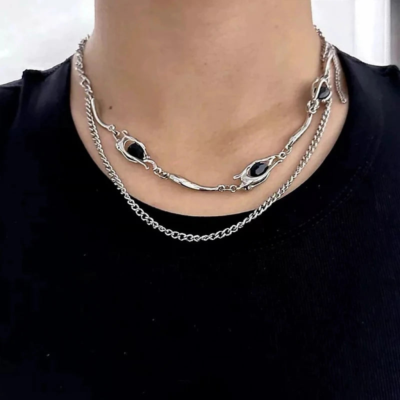 Vintage Black Red Zircon Pendant Necklace Punk Silver Color Choker Chain Necklace Y2K Aesthetic Scene Jewelry