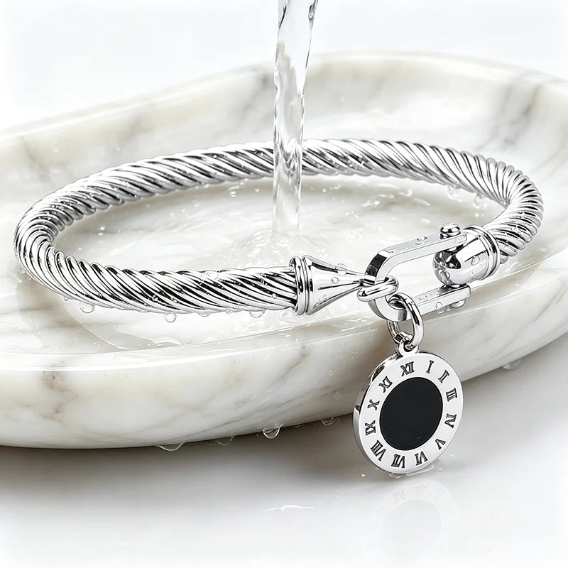 316L Stainless Steel Twisted Cable Bangle Roman Numeral Pendant Round Charm Bracelet Waterproof Hypoallergenic Fade Resistant