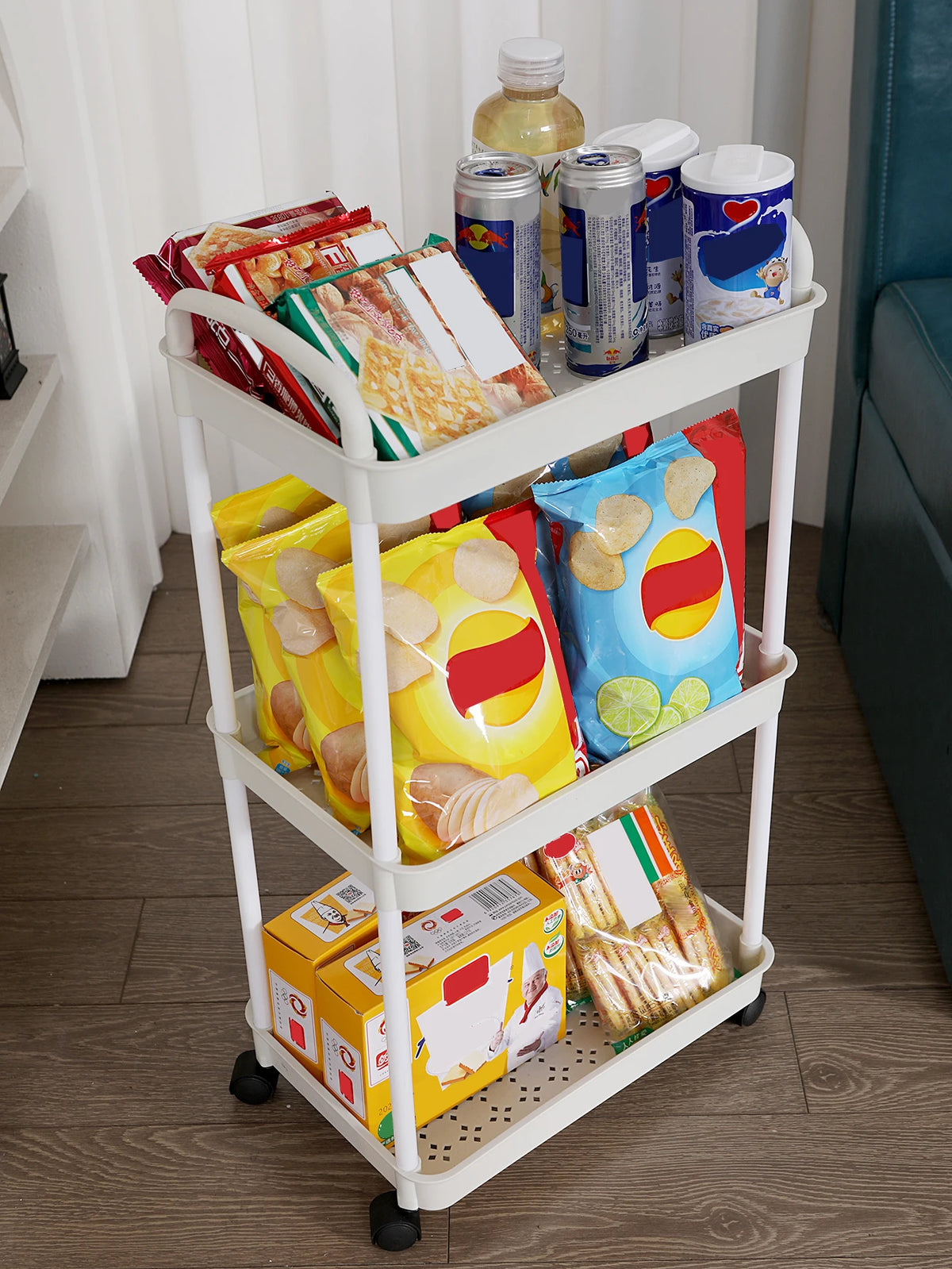 Plastic Rolling Utility Cart with Handle Storage Trolley for Office, Living Room, Kitchen, Movable Storage Organizer with Wheel