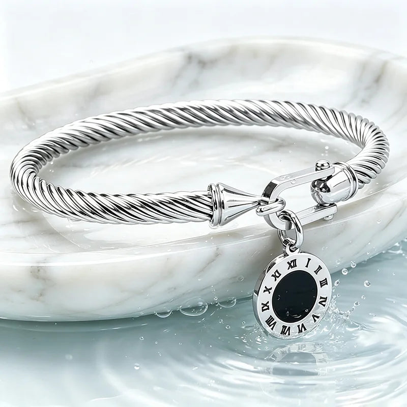 316L Stainless Steel Twisted Cable Bangle Roman Numeral Pendant Round Charm Bracelet Waterproof Hypoallergenic Fade Resistant