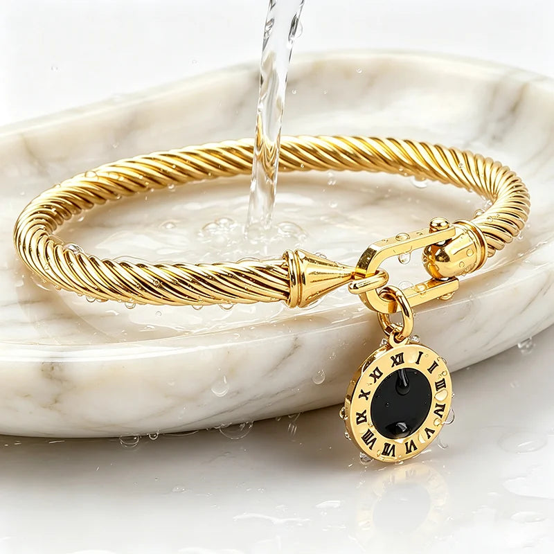 316L Stainless Steel Twisted Cable Bangle Roman Numeral Pendant Round Charm Bracelet Waterproof Hypoallergenic Fade Resistant