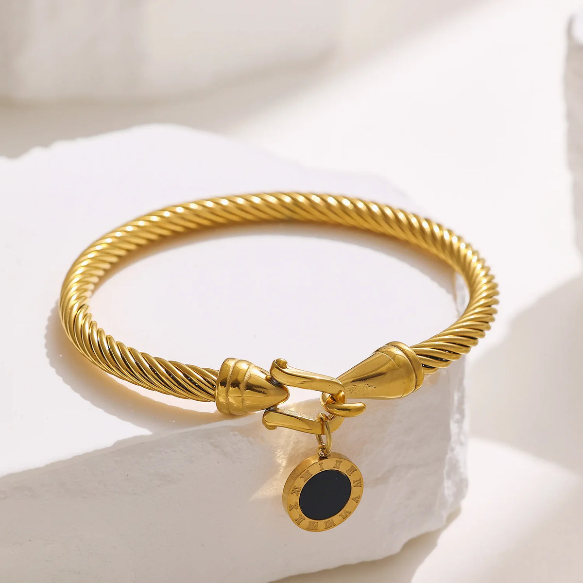 316L Stainless Steel Twisted Cable Bangle Roman Numeral Pendant Round Charm Bracelet Waterproof Hypoallergenic Fade Resistant
