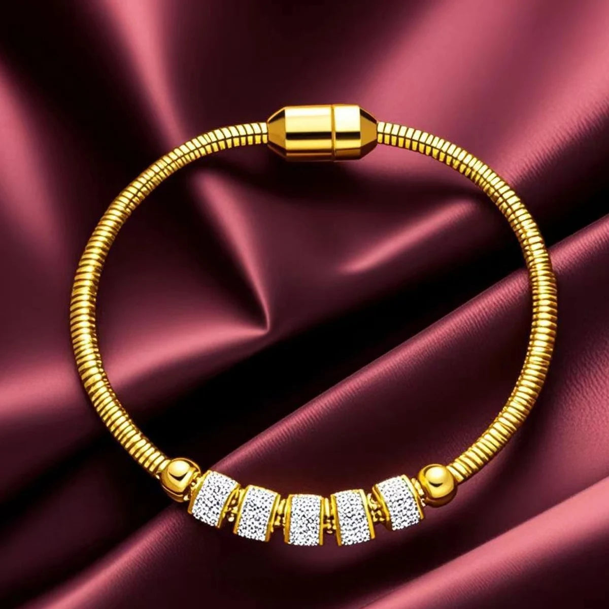 316L Stainless Steel Gold Color Rhinestone Beaded Bracelet For Women Fashion Ladies Magnet Clasp Bangles Jewelry GiftsDI