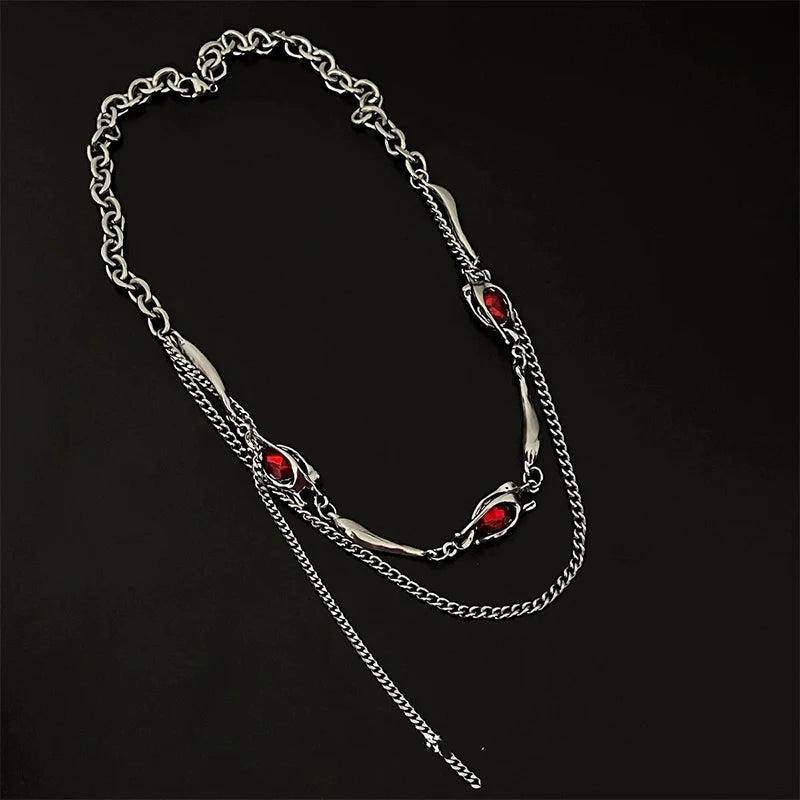 Vintage Black Red Zircon Pendant Necklace Punk Silver Color Choker Chain Necklace Y2K Aesthetic Scene Jewelry