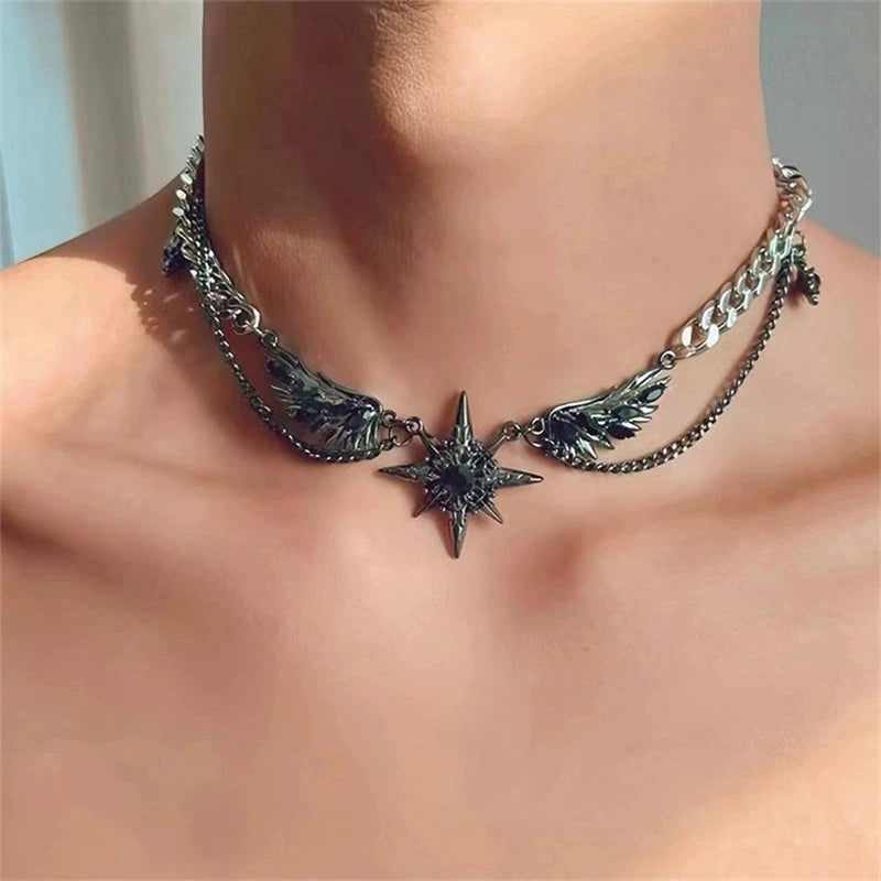 Vintage Black Red Zircon Pendant Necklace Punk Silver Color Choker Chain Necklace Y2K Aesthetic Scene Jewelry