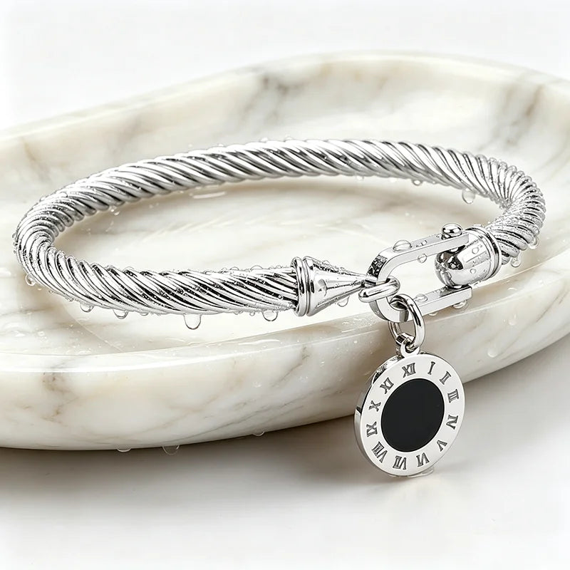 316L Stainless Steel Twisted Cable Bangle Roman Numeral Pendant Round Charm Bracelet Waterproof Hypoallergenic Fade Resistant