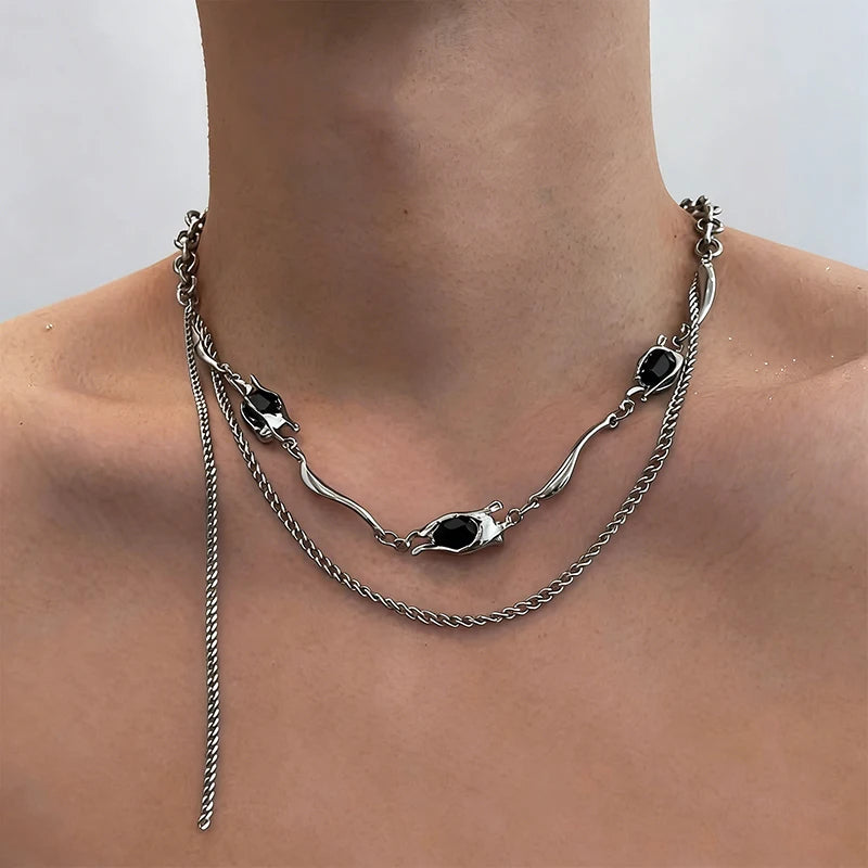 Vintage Black Red Zircon Pendant Necklace Punk Silver Color Choker Chain Necklace Y2K Aesthetic Scene Jewelry