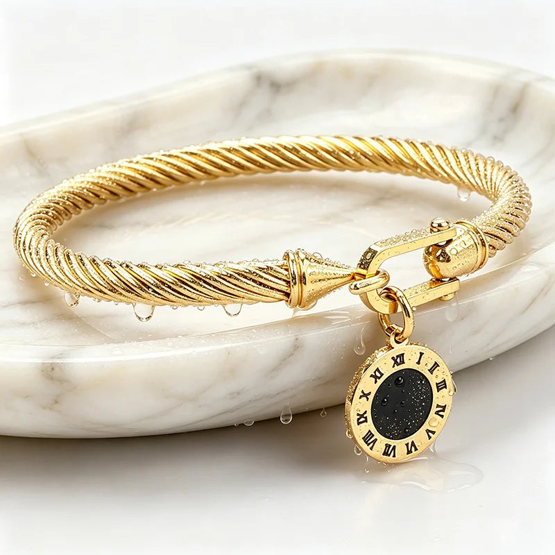 316L Stainless Steel Twisted Cable Bangle Roman Numeral Pendant Round Charm Bracelet Waterproof Hypoallergenic Fade Resistant