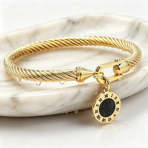 316L Stainless Steel Twisted Cable Bangle Roman Numeral Pendant Round Charm Bracelet Waterproof Hypoallergenic Fade Resistant