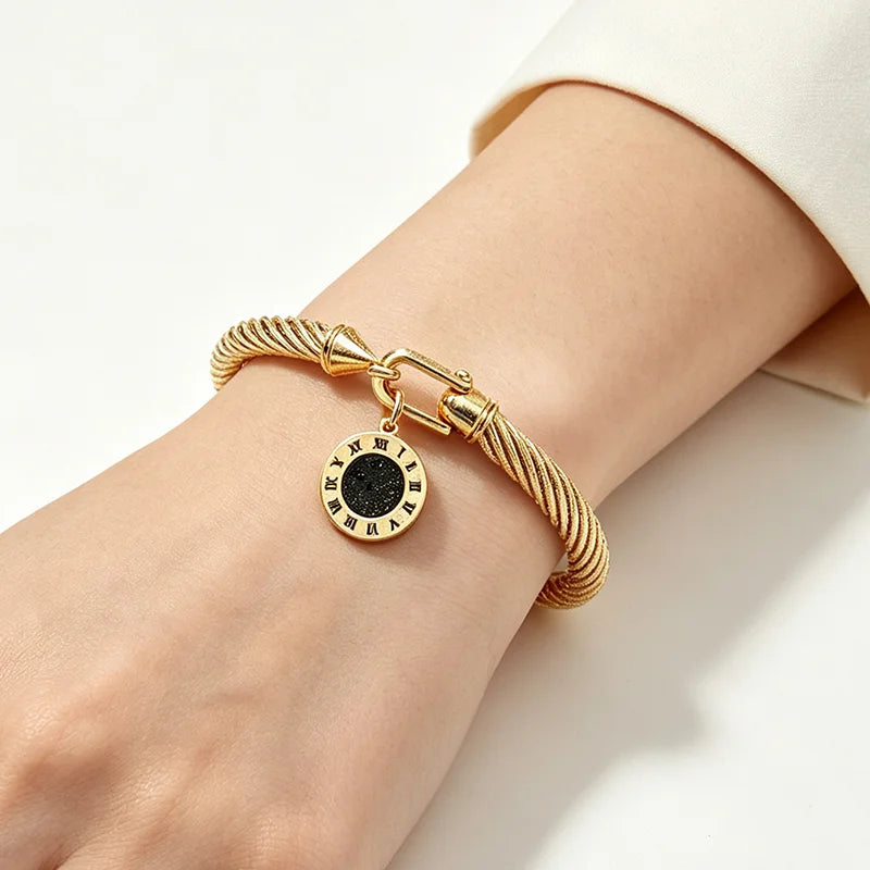 316L Stainless Steel Twisted Cable Bangle Roman Numeral Pendant Round Charm Bracelet Waterproof Hypoallergenic Fade Resistant