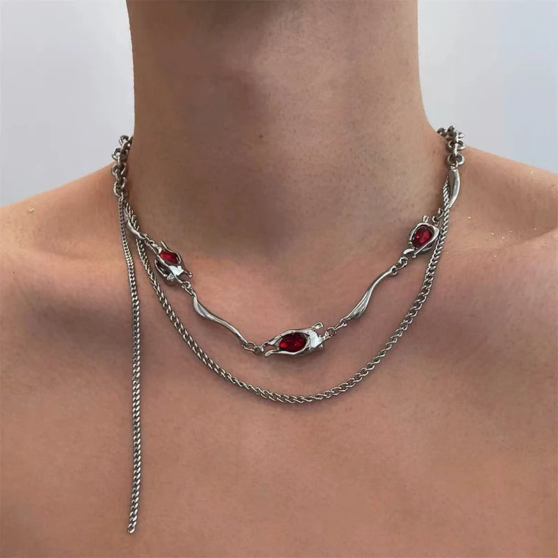 Vintage Black Red Zircon Pendant Necklace Punk Silver Color Choker Chain Necklace Y2K Aesthetic Scene Jewelry
