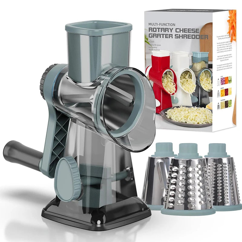 3 in 1 Rotary Cheese Grater Versatile Manual Vegetable Slicer Peanut Nuts Grinder Cheese Vegetable Shredder Clear
