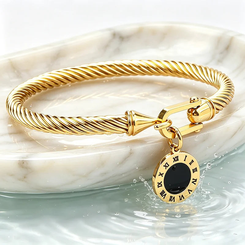 316L Stainless Steel Twisted Cable Bangle Roman Numeral Pendant Round Charm Bracelet Waterproof Hypoallergenic Fade Resistant